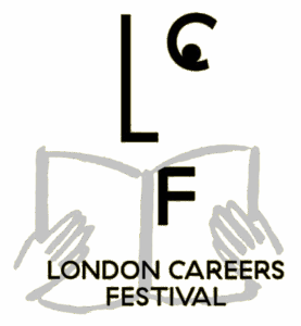 Logo for the London Careers Festival featuring stylized letters L, C, and F above an open book with two hands, and the text London Careers Festival below.