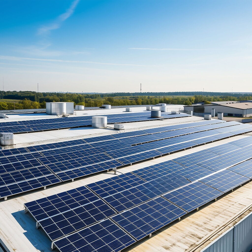 Rows of solar panels installed on a large industrial building’s flat white roof, with trees and a clear blue sky in the background.
