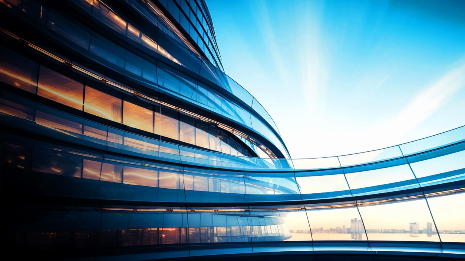 Curved glass façade of a modern building reflecting sunlight under a clear blue sky, with city buildings visible in the distant background.