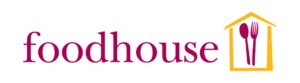 Foodhouse in purple text with a yellow house outline on the right, containing a purple fork and spoon.