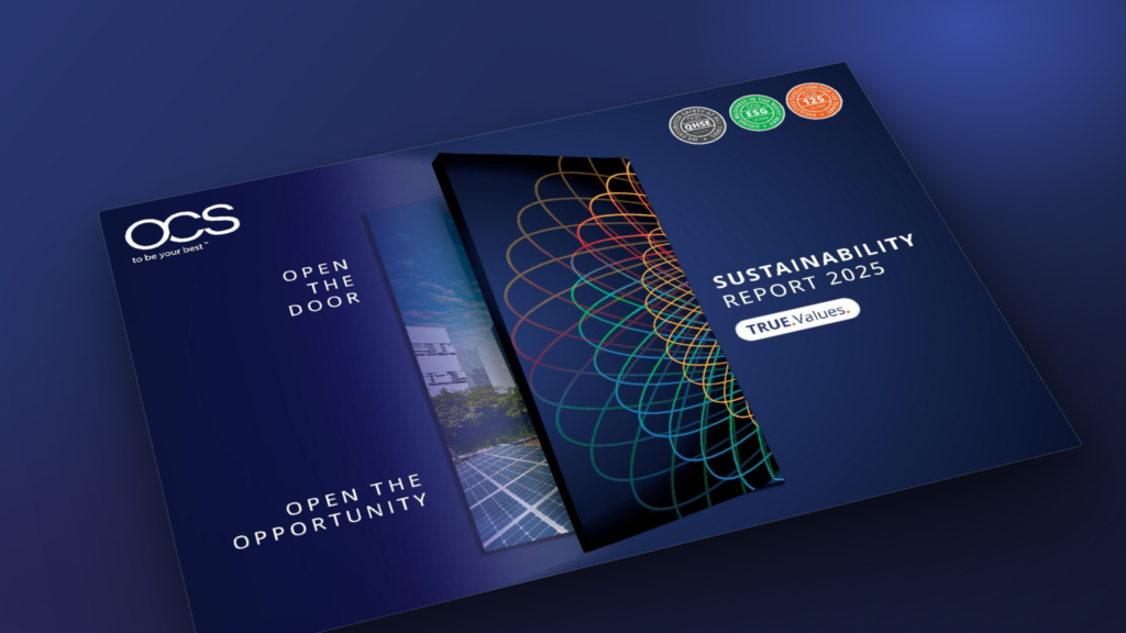 OCS Sustainability Report 2025 cover, featuring a door opening to reveal solar panels and greenery, with colorful lines and medals at the top. Text reads, Open the door, open the opportunity..
